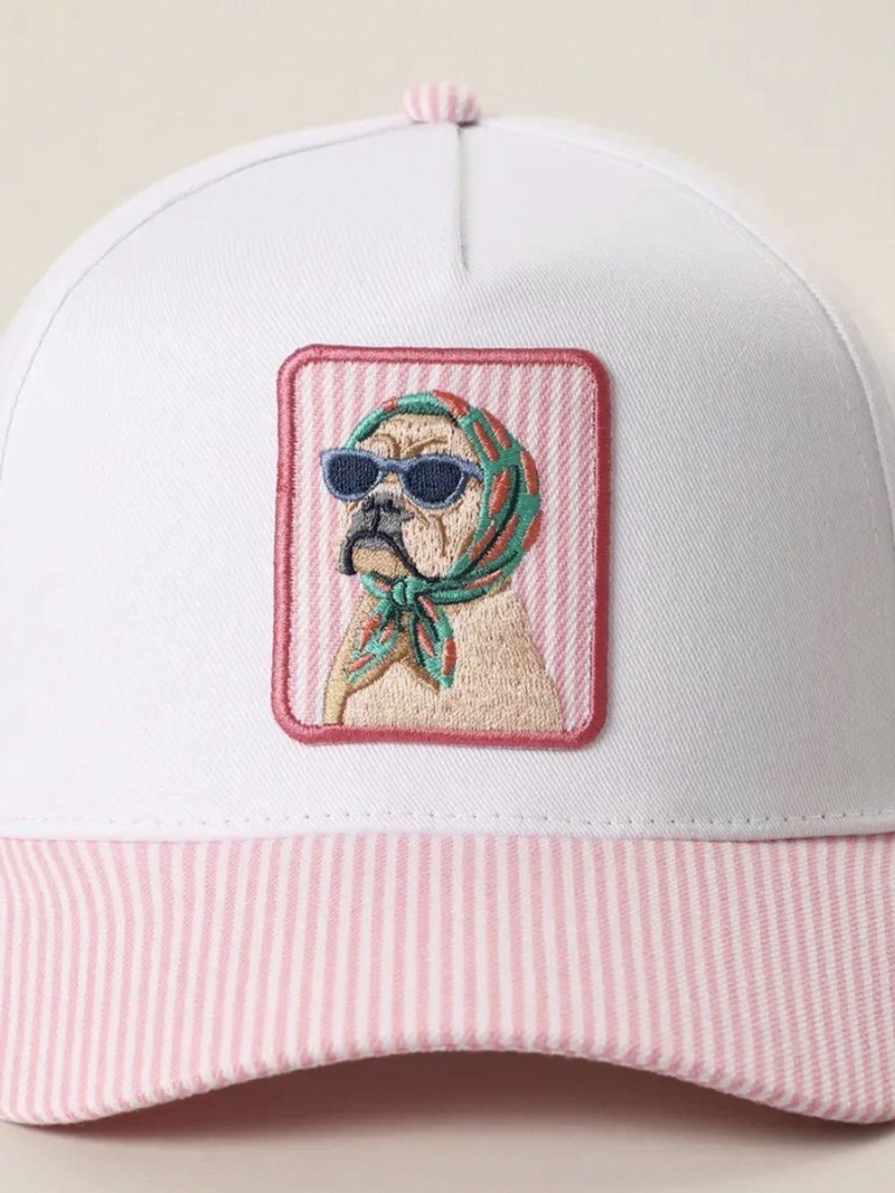 NWT Pink Striped Bulldog Trucker Hat Embroidered Preppy Baseball Cap